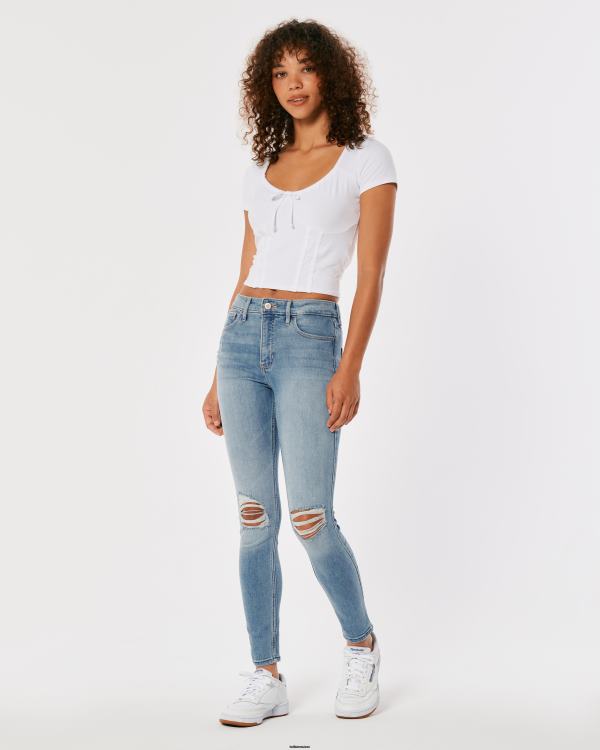 Jean super skinny déchiré à taille haute et délavé clair femmes détruire la lumière Hollister bas RRRJX701