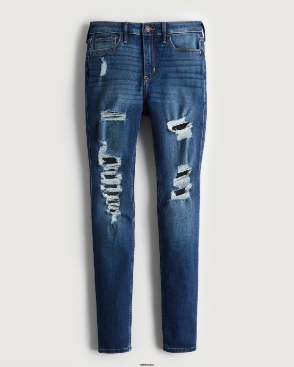 Jean super skinny taille haute déchiré délavé foncé femmes sombre détruire Hollister bas RRRJX599