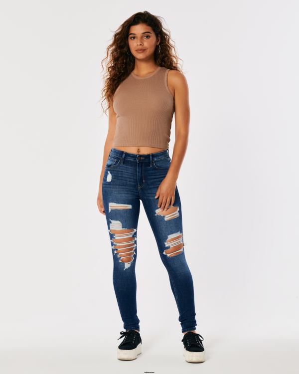 Jean super skinny taille haute déchiré délavé foncé femmes sombre détruire Hollister bas RRRJX599