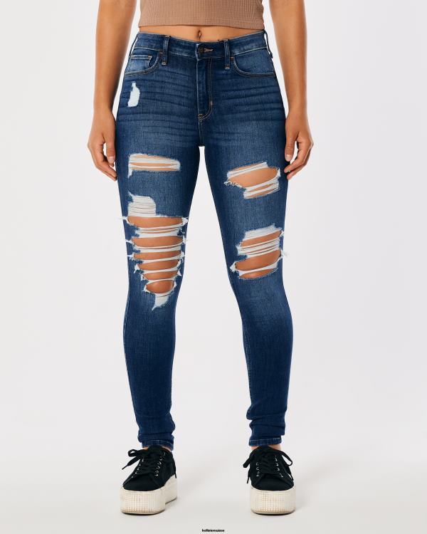 Jean super skinny taille haute déchiré délavé foncé femmes sombre détruire Hollister bas RRRJX599