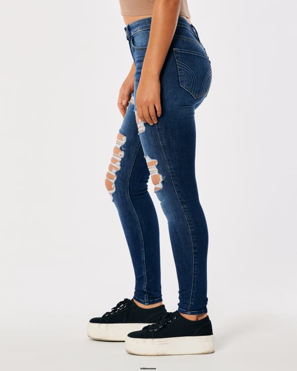 Jean super skinny taille haute déchiré délavé foncé femmes sombre détruire Hollister bas RRRJX599