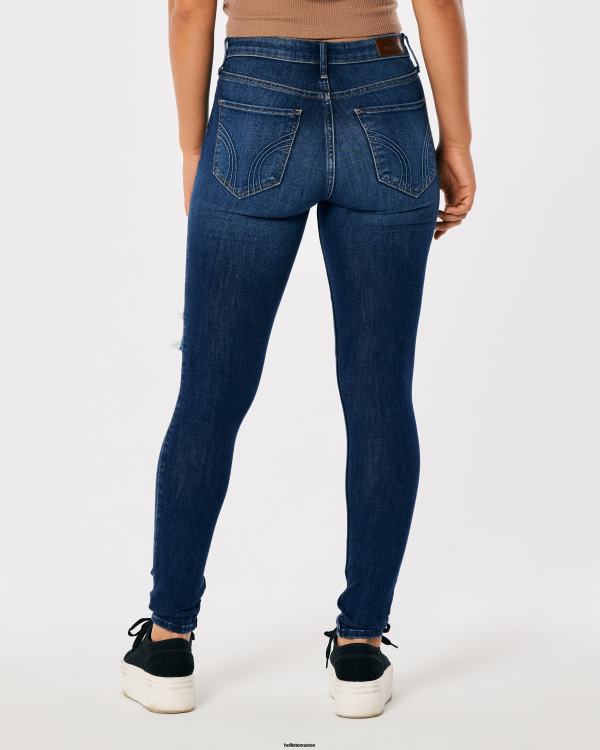 Jean super skinny taille haute déchiré délavé foncé femmes sombre détruire Hollister bas RRRJX599