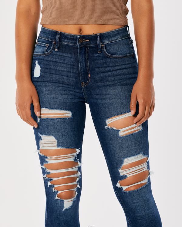 Jean super skinny taille haute déchiré délavé foncé femmes sombre détruire Hollister bas RRRJX599