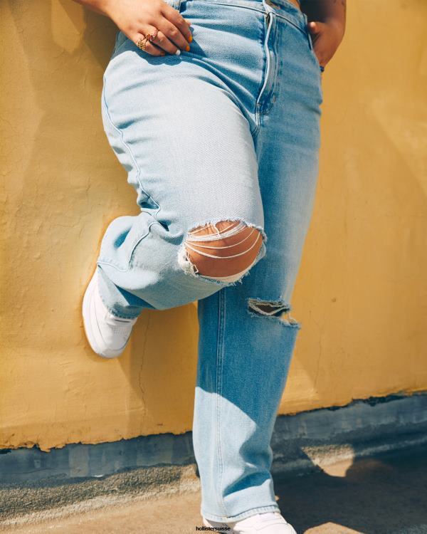 jean Dad délavé clair déchiré à taille ultra haute femmes léger lavage déchiré Hollister bas RRRJX510