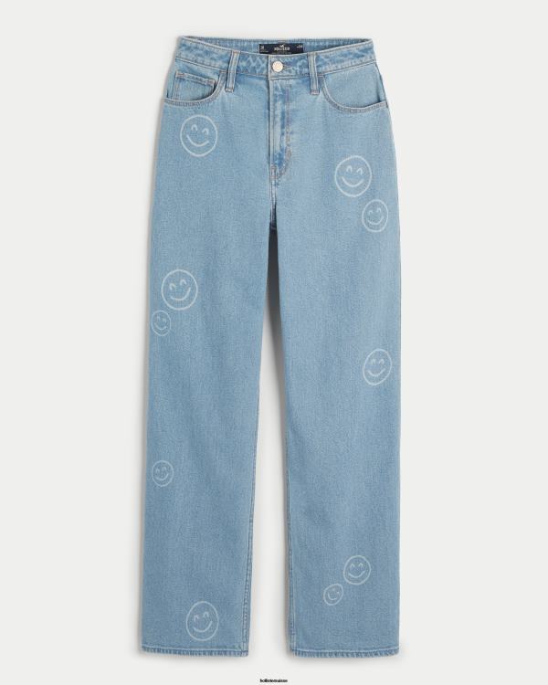 jean Dad taille ultra haute délavé moyen à imprimé smiley femmes lumière Hollister bas RRRJX702