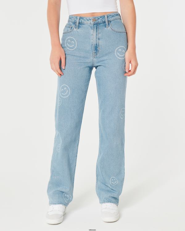 jean Dad taille ultra haute délavé moyen à imprimé smiley femmes lumière Hollister bas RRRJX702