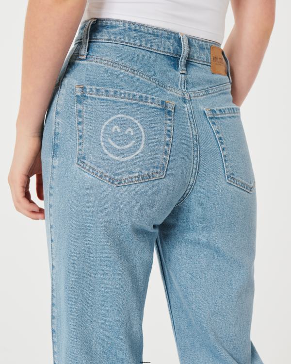 jean Dad taille ultra haute délavé moyen à imprimé smiley femmes lumière Hollister bas RRRJX702
