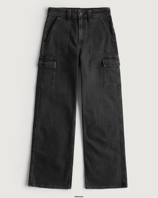 jean baggy cargo noir délavé à taille ultra haute femmes lavage noir Hollister bas RRRJX753