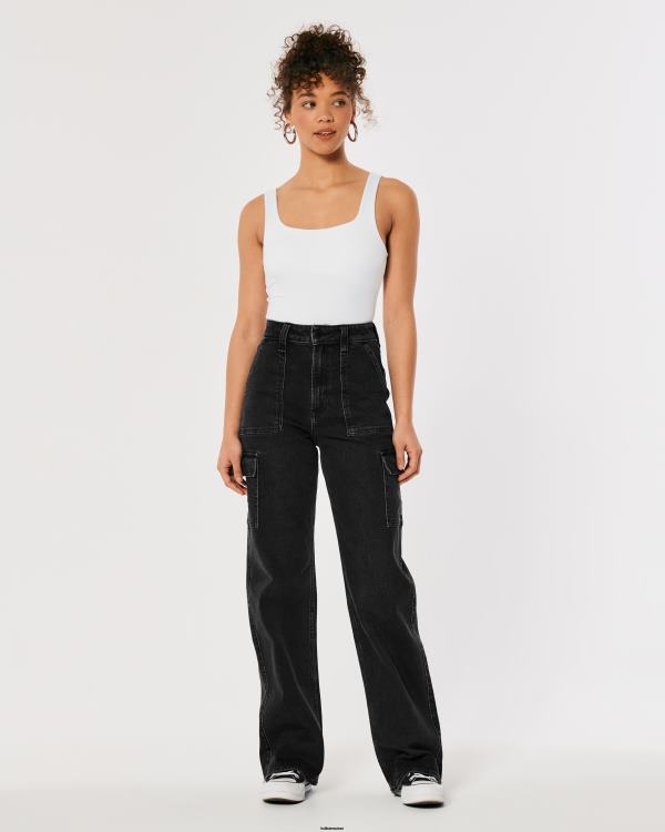 jean baggy cargo noir délavé à taille ultra haute femmes lavage noir Hollister bas RRRJX753