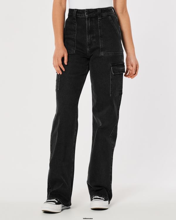 jean baggy cargo noir délavé à taille ultra haute femmes lavage noir Hollister bas RRRJX753