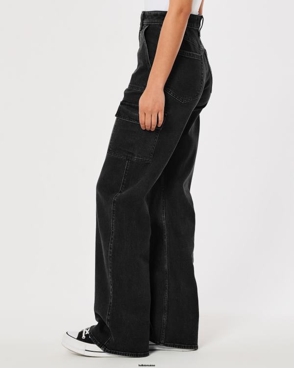 jean baggy cargo noir délavé à taille ultra haute femmes lavage noir Hollister bas RRRJX753