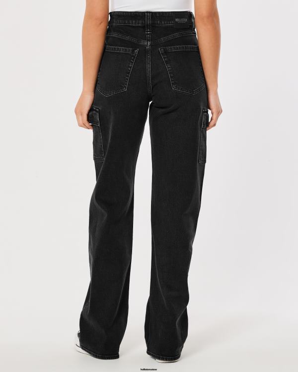 jean baggy cargo noir délavé à taille ultra haute femmes lavage noir Hollister bas RRRJX753