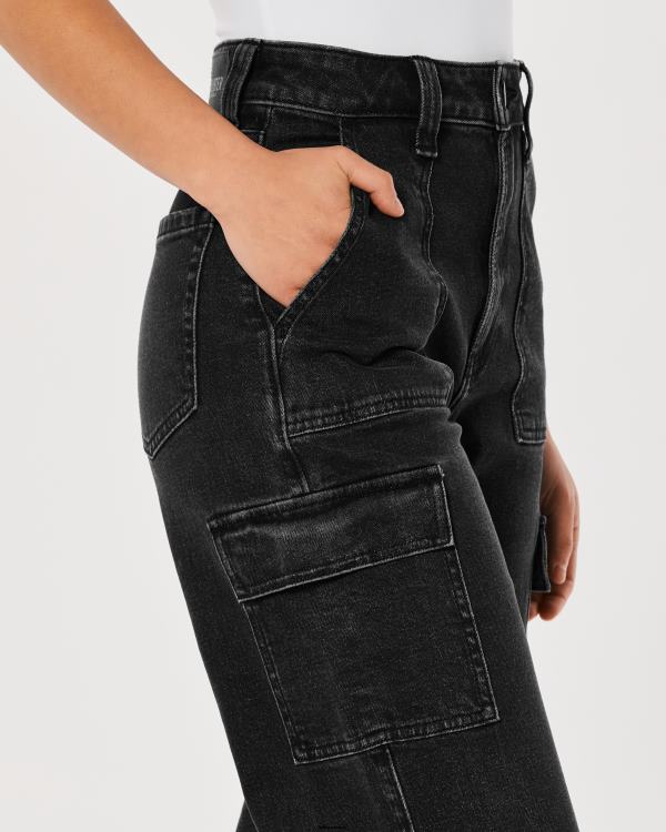 jean baggy cargo noir délavé à taille ultra haute femmes lavage noir Hollister bas RRRJX753