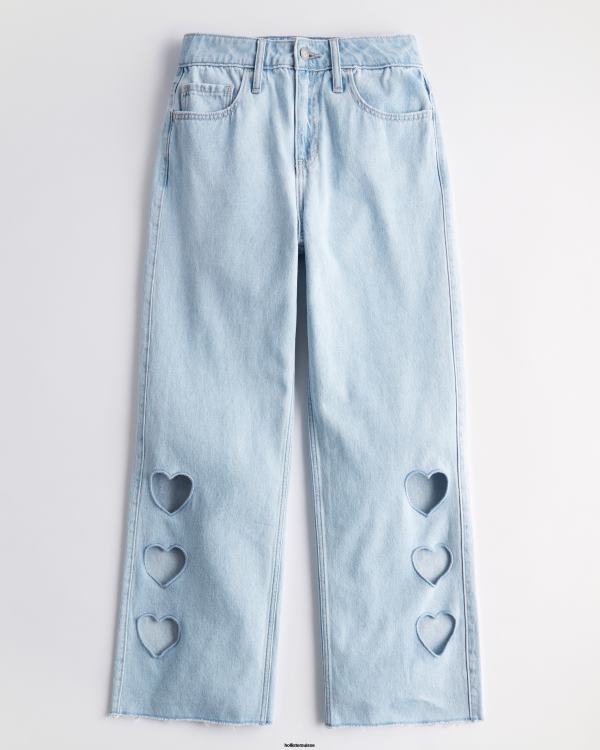 jean baggy taille haute à découpes et délavé clair femmes lavage léger Hollister bas RRRJX665