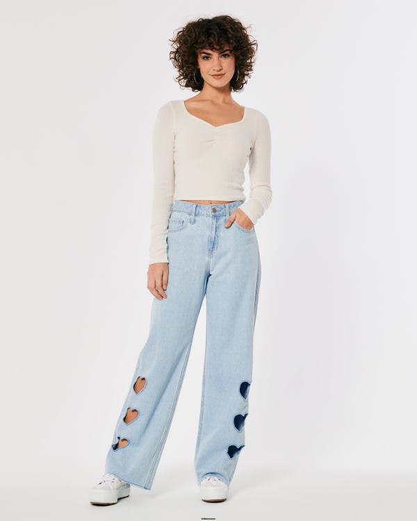 jean baggy taille haute à découpes et délavé clair femmes lavage léger Hollister bas RRRJX665