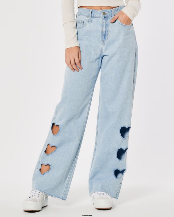 jean baggy taille haute à découpes et délavé clair femmes lavage léger Hollister bas RRRJX665