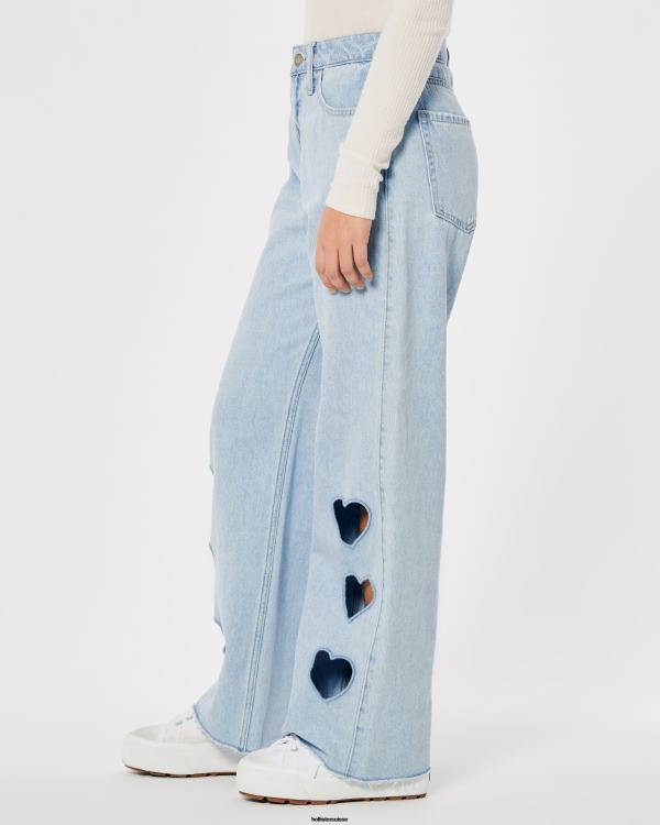 jean baggy taille haute à découpes et délavé clair femmes lavage léger Hollister bas RRRJX665