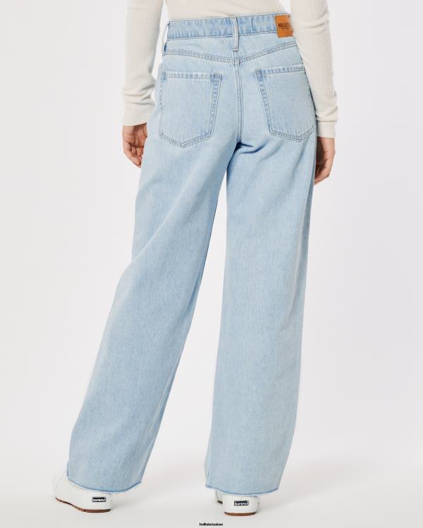jean baggy taille haute à découpes et délavé clair femmes lavage léger Hollister bas RRRJX665