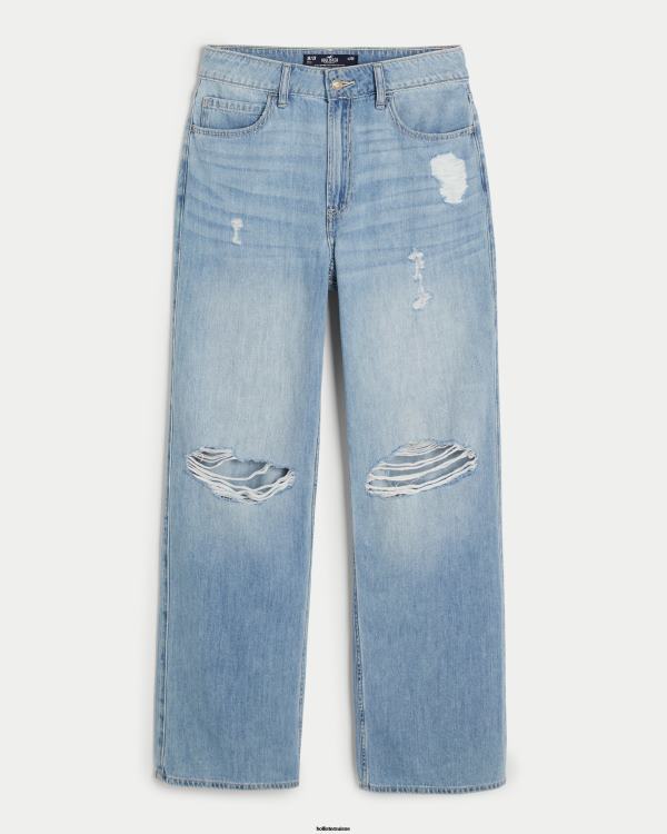 jean baggy taille ultra haute déchiré à délavage moyen femmes léger lavage déchiré Hollister bas RRRJX488