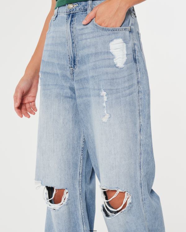 jean baggy taille ultra haute déchiré à délavage moyen femmes léger lavage déchiré Hollister bas RRRJX488