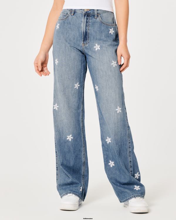 jean baggy taille ultra haute délavé à broderies florales femmes délavé moyen floral Hollister bas RRRJX687
