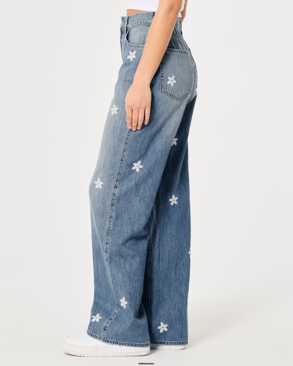 jean baggy taille ultra haute délavé à broderies florales femmes délavé moyen floral Hollister bas RRRJX687