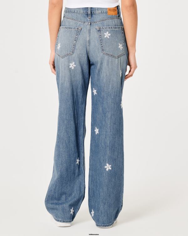 jean baggy taille ultra haute délavé à broderies florales femmes délavé moyen floral Hollister bas RRRJX687