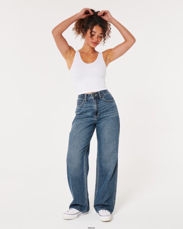 jean baggy taille ultra haute délavé foncé moyen femmes lavage foncé Hollister bas RRRJX469