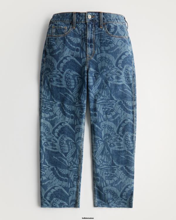 jean baril taille haute à imprimé papillons délavé foncé femmes impression sombre Hollister bas RRRJX699