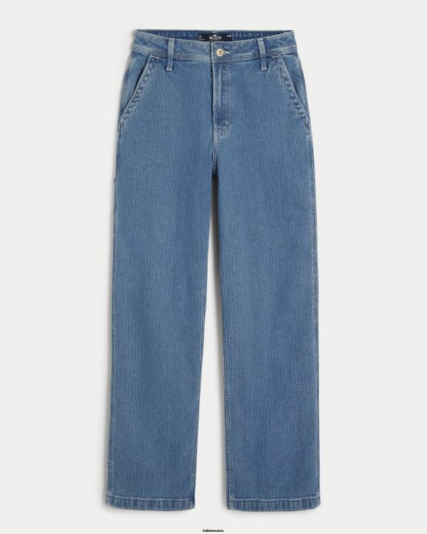 jean carpenter dad taille ultra haute à délavage moyen et imprimé chemin de fer femmes rayure de lavage moyen Hollister bas RRRJX595