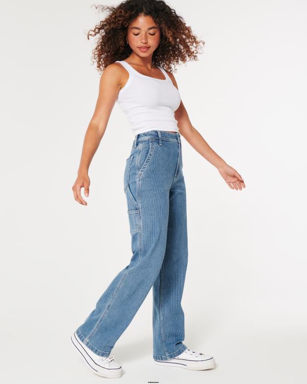 jean carpenter dad taille ultra haute à délavage moyen et imprimé chemin de fer femmes rayure de lavage moyen Hollister bas RRRJX595
