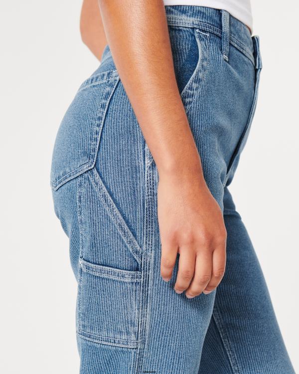 jean carpenter dad taille ultra haute à délavage moyen et imprimé chemin de fer femmes rayure de lavage moyen Hollister bas RRRJX595
