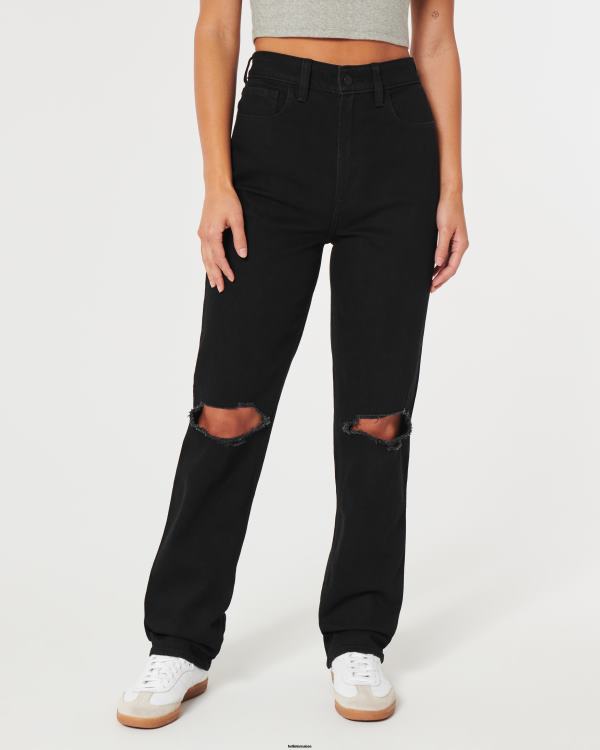 jean droit 90s noir déchiré à taille ultra haute femmes noir déchiré Hollister bas RRRJX592