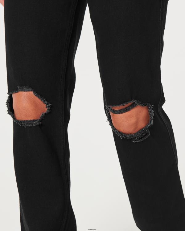 jean droit 90s noir déchiré à taille ultra haute femmes noir déchiré Hollister bas RRRJX592