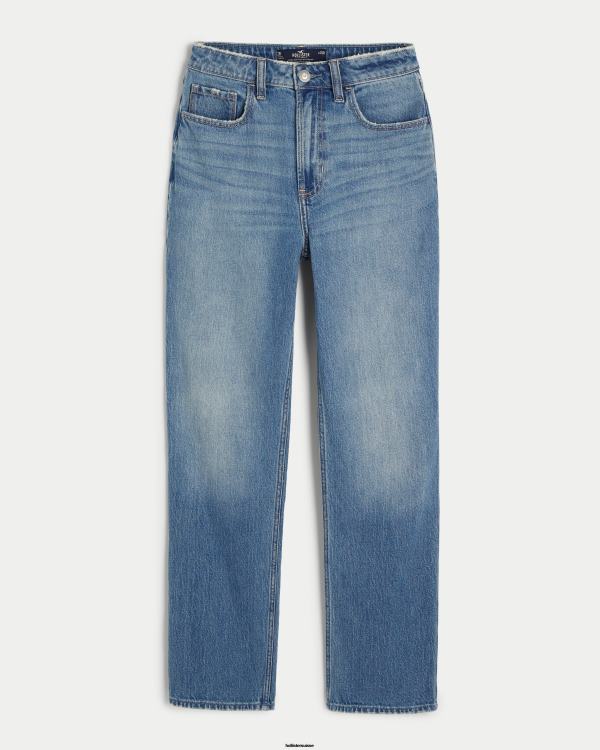 jean droit 90s taille ultra haute délavé moyen femmes lavage moyen Hollister bas RRRJX485