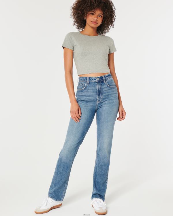 jean droit 90s taille ultra haute délavé moyen femmes lavage moyen Hollister bas RRRJX485