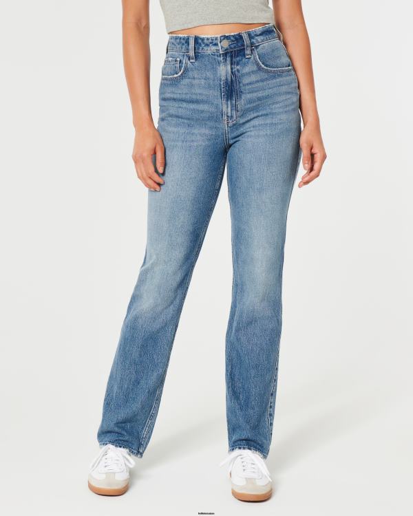 jean droit 90s taille ultra haute délavé moyen femmes lavage moyen Hollister bas RRRJX485