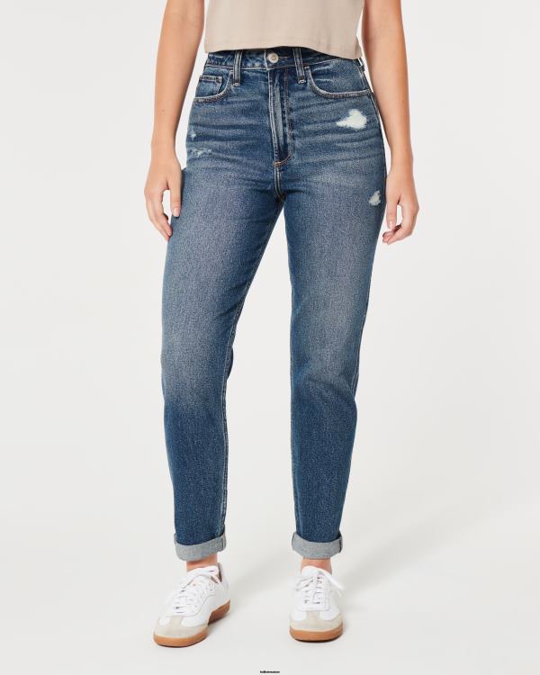 jean mom délavé foncé déchiré à taille ultra haute femmes lavage déchiré moyen Hollister bas RRRJX539