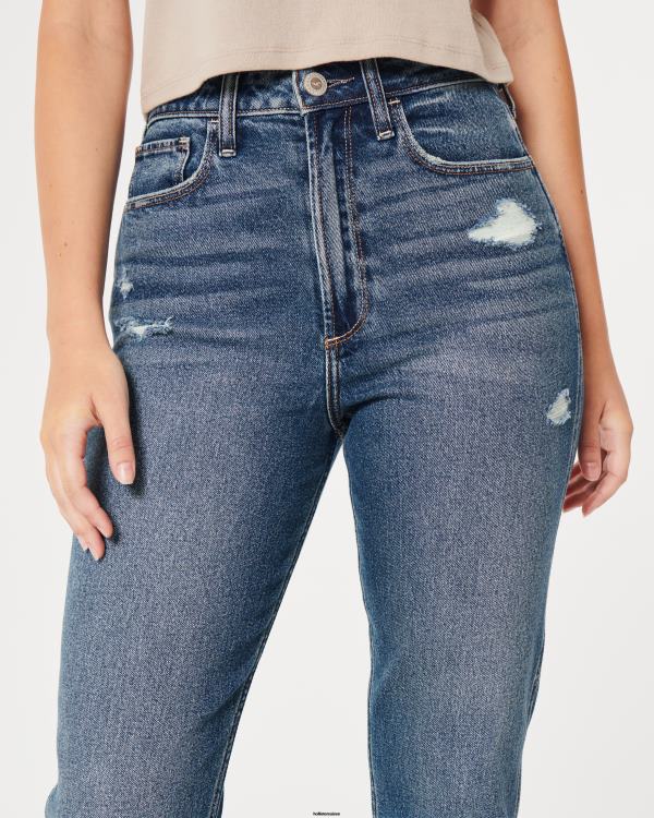 jean mom délavé foncé déchiré à taille ultra haute femmes lavage déchiré moyen Hollister bas RRRJX539