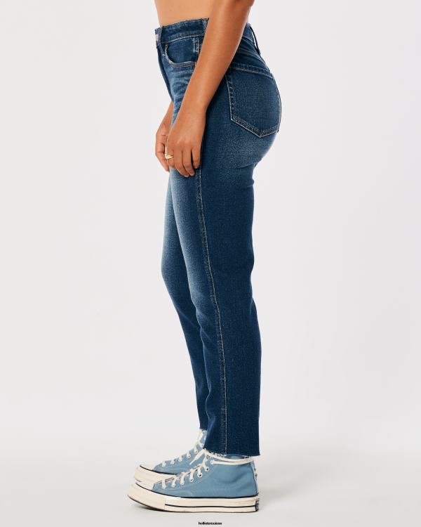 jean mom foncé à taille ultra haute et délavé moyen femmes lavage moyen foncé Hollister bas RRRJX716