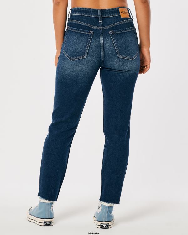 jean mom foncé à taille ultra haute et délavé moyen femmes lavage moyen foncé Hollister bas RRRJX716