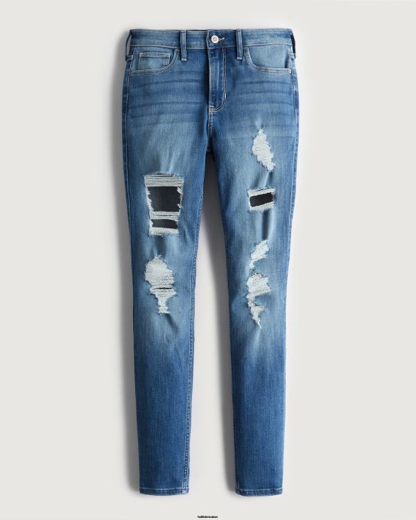 jean super skinny taille haute déchiré à délavage moyen femmes destruction moyenne Hollister bas RRRJX574