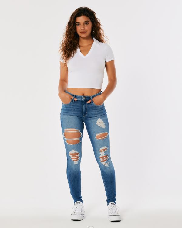 jean super skinny taille haute déchiré à délavage moyen femmes destruction moyenne Hollister bas RRRJX574