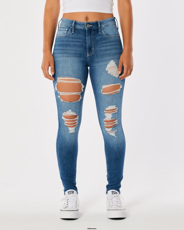 jean super skinny taille haute déchiré à délavage moyen femmes destruction moyenne Hollister bas RRRJX574
