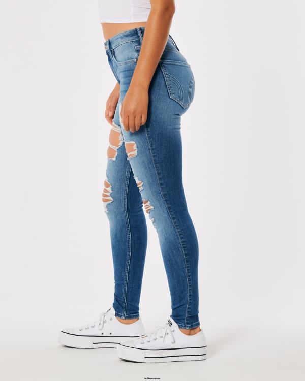 jean super skinny taille haute déchiré à délavage moyen femmes destruction moyenne Hollister bas RRRJX574