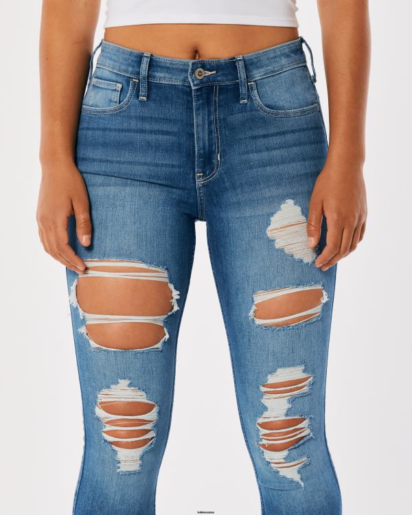 jean super skinny taille haute déchiré à délavage moyen femmes destruction moyenne Hollister bas RRRJX574