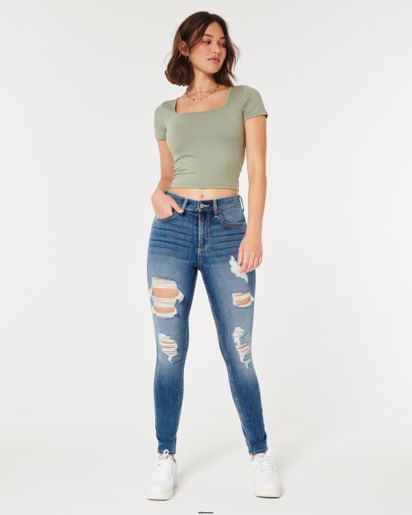 jean super skinny taille haute déchiré à délavage moyen femmes lavage déchiré moyen Hollister bas RRRJX561