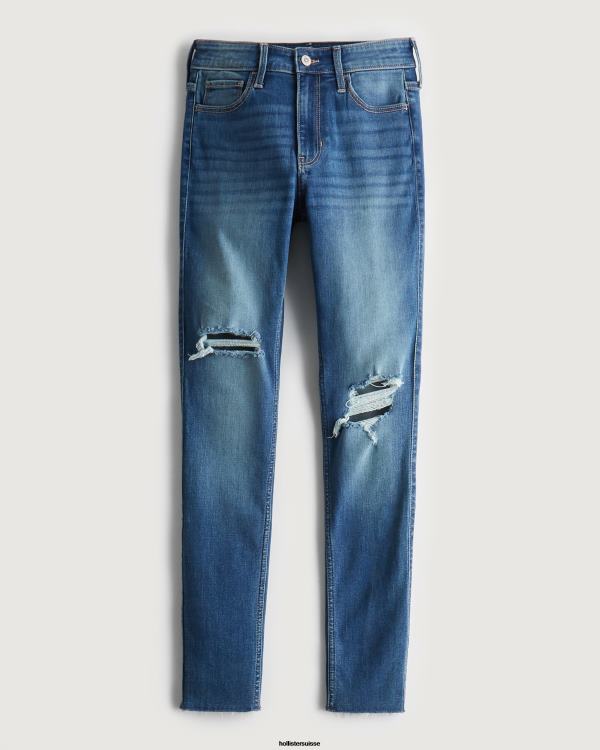 jean super skinny taille haute déchiré à délavage moyen femmes lavage déchiré moyen Hollister bas RRRJX727