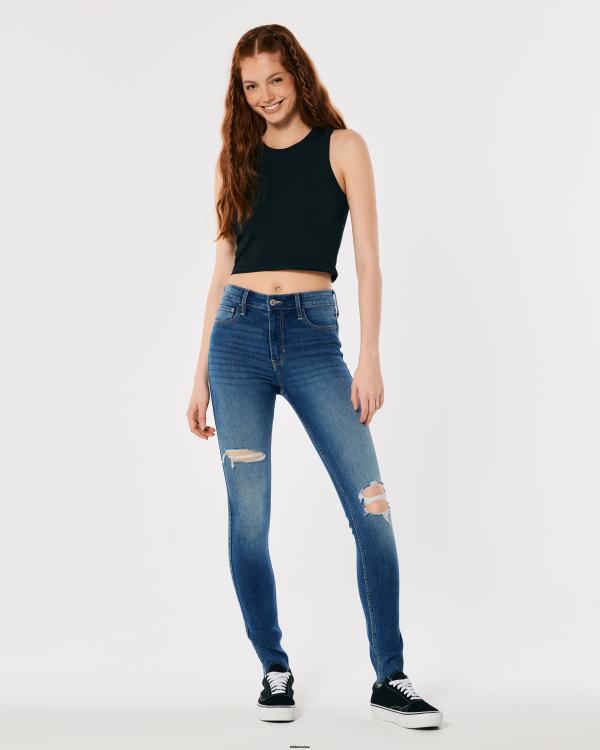 jean super skinny taille haute déchiré à délavage moyen femmes lavage déchiré moyen Hollister bas RRRJX727