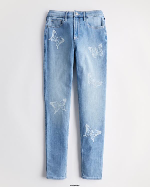 jean super skinny taille haute à imprimé papillons délavé moyen femmes lavage moyen Hollister bas RRRJX732